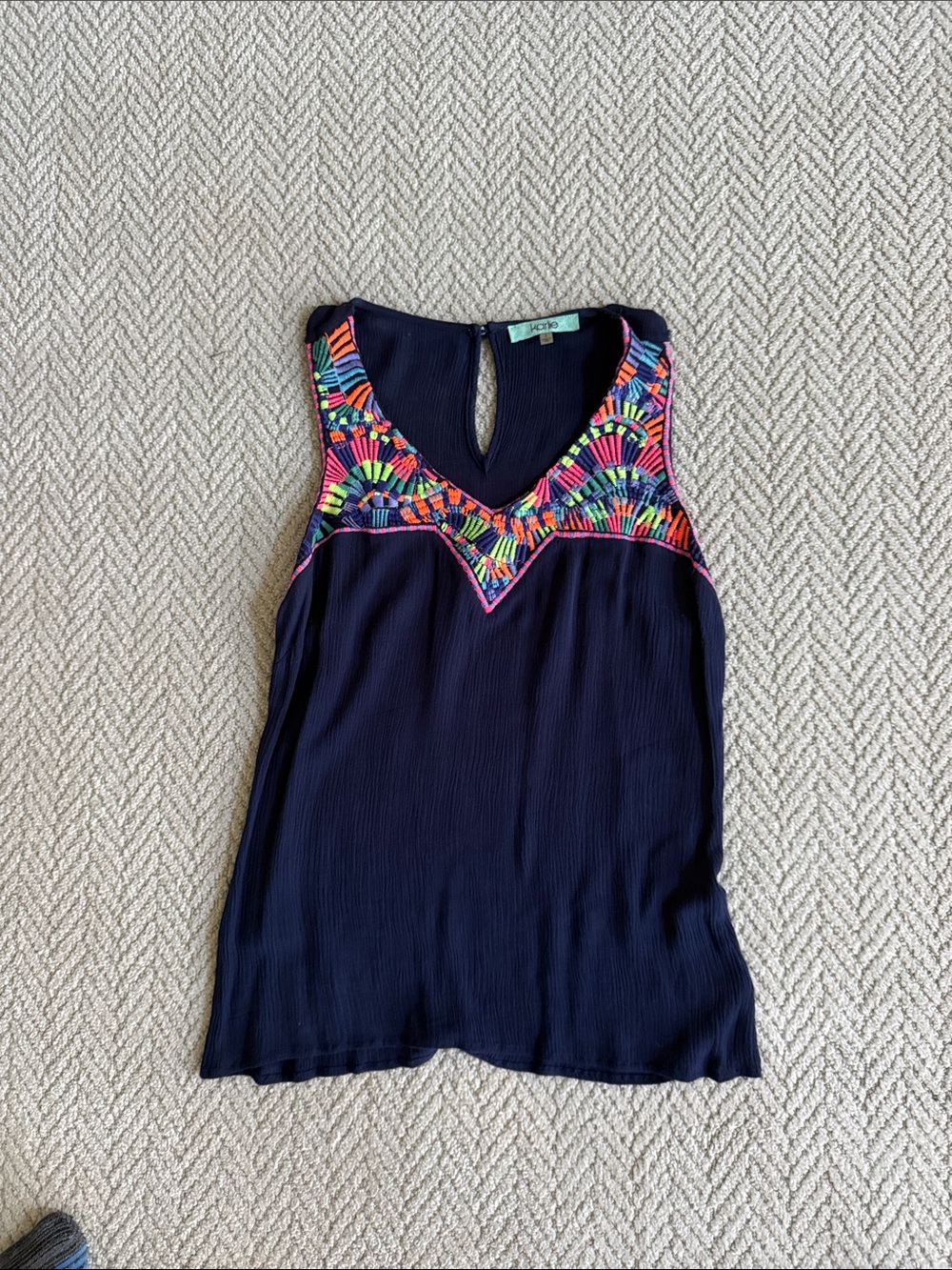 Karlie Navy Sleeveless Tank with Bright Multicolor Embroidery